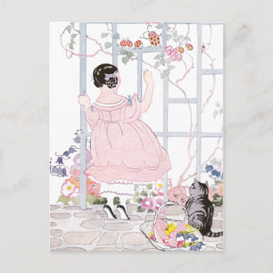 Carte Postale Tabby Chat et Fille de Trellis avec Vin Flower