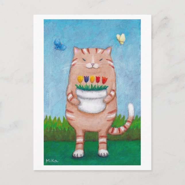 Carte postale Tabby Chat orange avec Papillons aux (Devant)