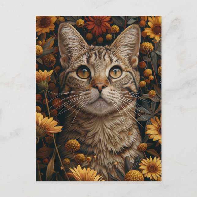 Carte Postale Tabby Gris Chat en automne Fleurs Jardin (Devant)