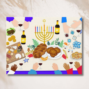 Carte Postale Table de Hanukkah joyeuse avec menorah, nourriture