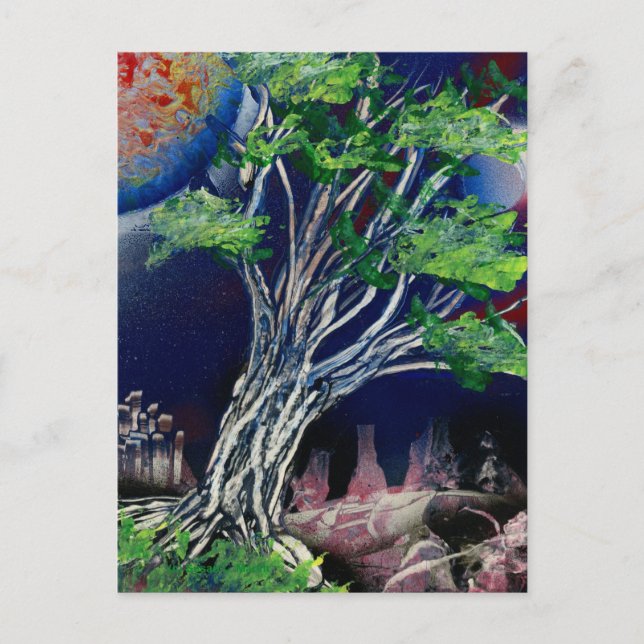 Carte Postale Tableau Arbre avec ville bleue et soleil orange (Devant)