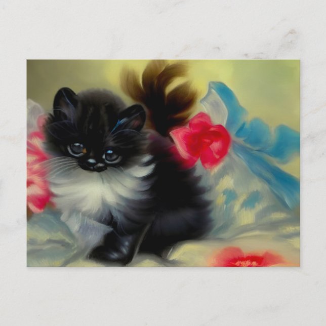Carte Postale Tableau vintage de chaton noir et blanc (Devant)