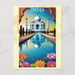 Carte Postale Taj Mahal Agra Inde Aquarelle Lotus Floral