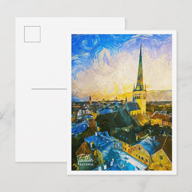 Carte Postale Tallin Estonie Belle peinture à l'huile Paysage (Devant / Derrière)