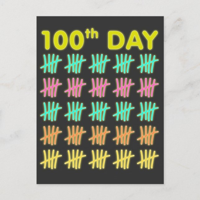 Carte Postale Tally Mark 100th Day of School T-shirt Neon Cadeau (Devant)