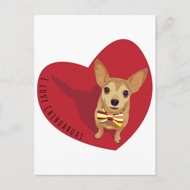 Carte Postale Tan Chihuahua avec cravate arc dans un coeur rouge (Devant)