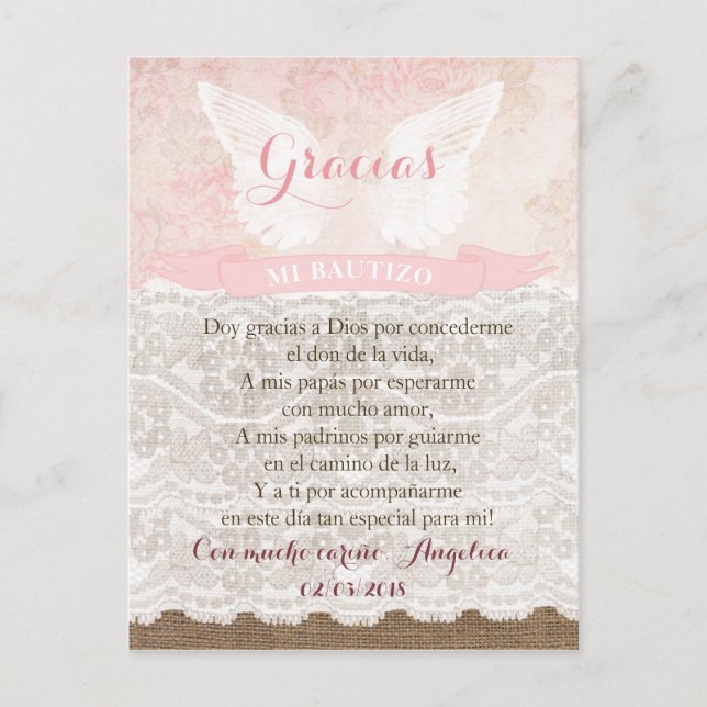 Carte Postale Tarjeta de Gracias con oración para Bautismo (Devant)