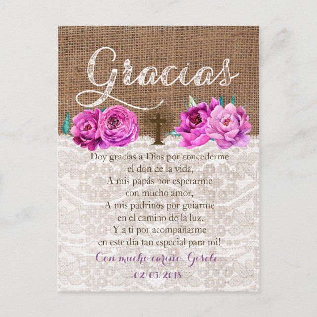 Carte Postale Tarjeta de Gracias con oracion Recuerdo de Bautizo (Devant)