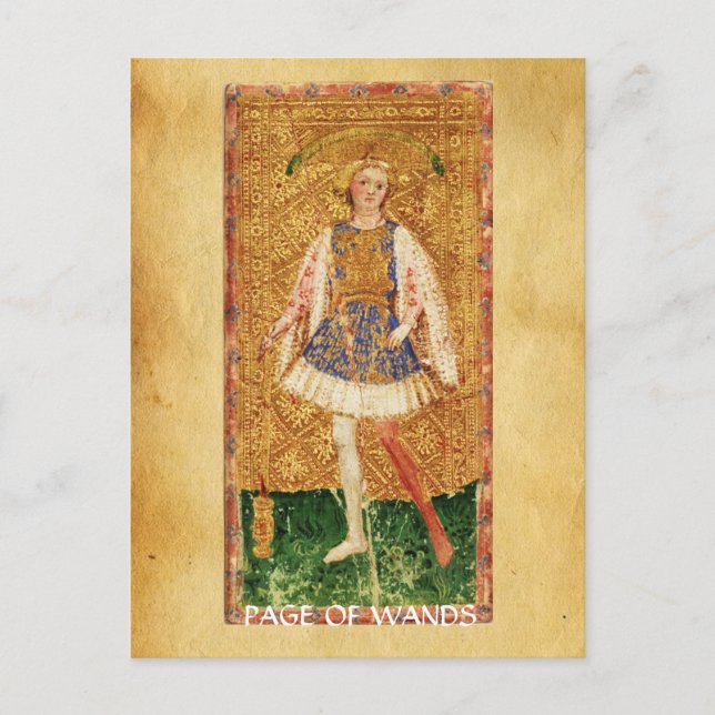 CARTE POSTALE TAROTS DE RENAISSANCE ANTIQUE / PAGE DES WANDS (Devant)