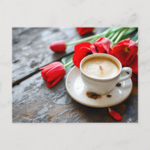Tasse à café sur fond rustique avec tulipes rouges