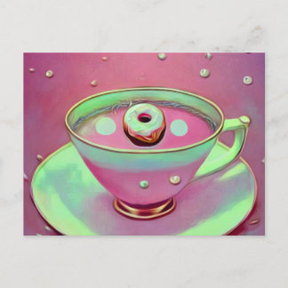 Carte Postale Tasse à thé surréaliste vintage & minuscule donut