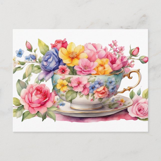 Carte Postale Tasse de thé à l'aquarelle avec de belles fleurs  (Devant)