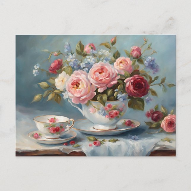 Carte Postale Tasse de thé avec de belles fleurs  (Devant)