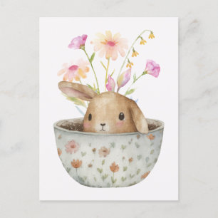 Carte Postale tasse de thé lapin mignonne avec fleurs
