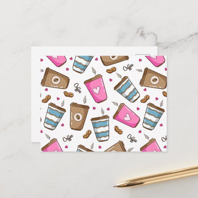 Carte Postale Tasses à café, grains de café, cœurs, amateur de c (Devant/Arrière en situation)