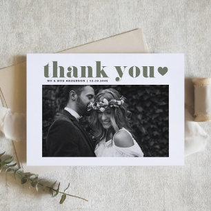 Carte Postale Taupe Green Retro Typographie Mariage Merci