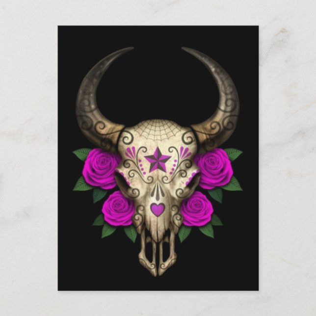 Carte Postale Taureau de sucre avec Roses violets sur noir (Devant)