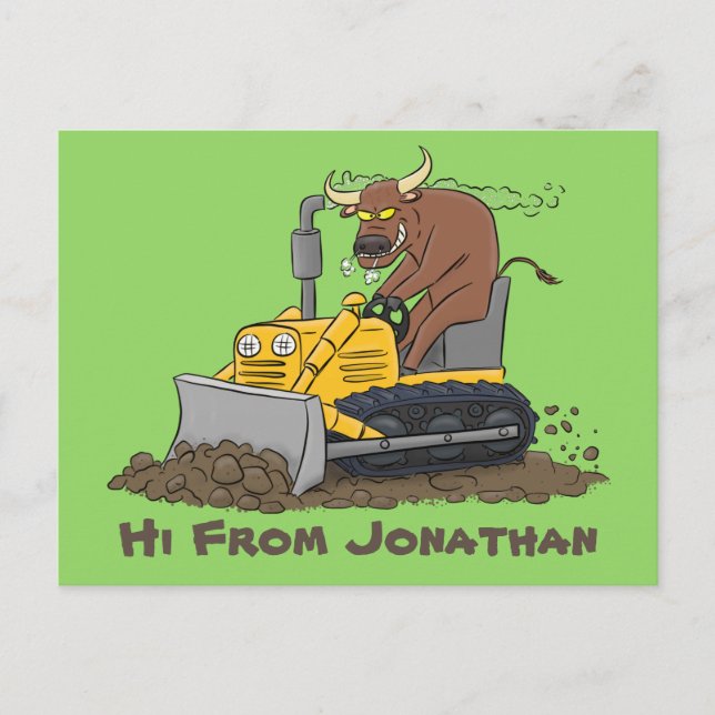 Carte Postale Taureau drôle conduisant un bulldozer en dessin an (Devant)