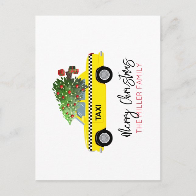 Carte Postale Taxi jaune Cabine Joyeux Arbre de Noël NOM Fête (Devant)