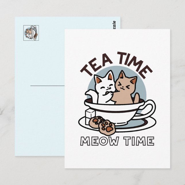 Carte Postale Tea Time Meow Time - Cute Cat and Tea Design (Devant / Derrière)