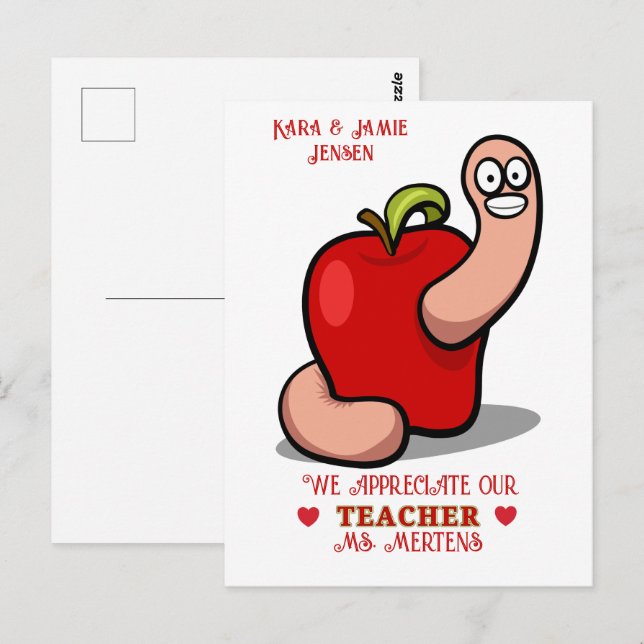 Carte Postale Teacher Appréciation Worm in Apple Ajouter un nom (Devant / Derrière)
