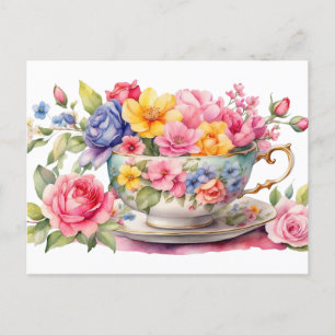 Carte Postale Teacup d'aquarelle avec de belles fleurs