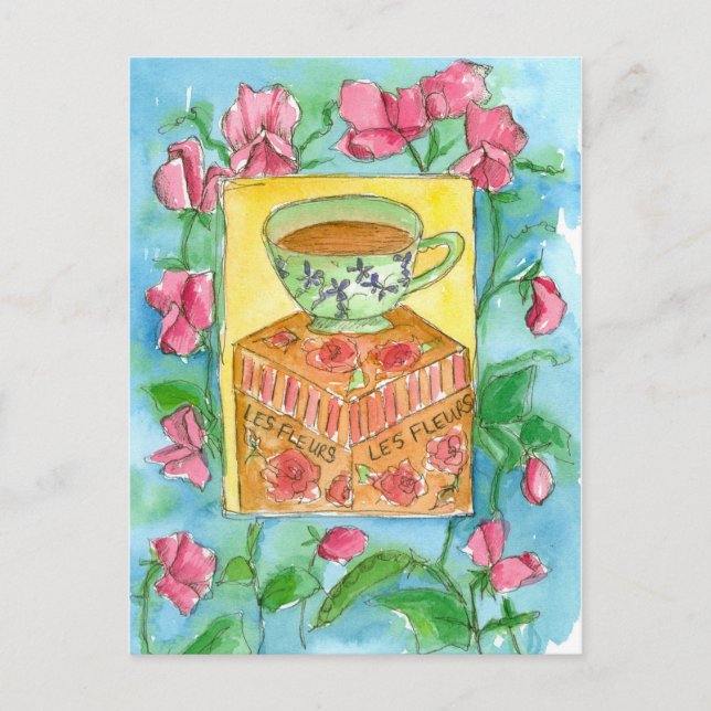 Carte Postale Teacup Pink Sweet Peas Fleurs Aquarelle (Devant)