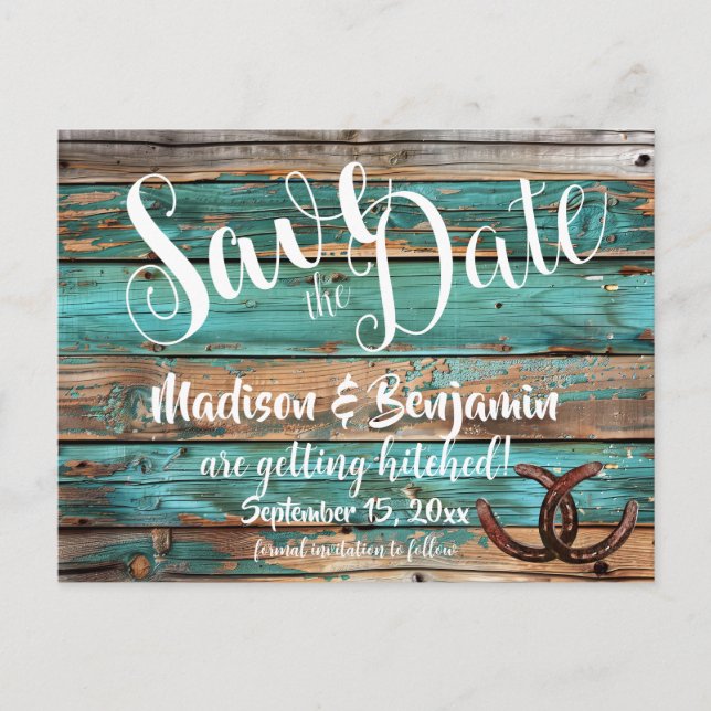 Carte Postale Teal en bois de style rustique pour faire-part de  (Devant)