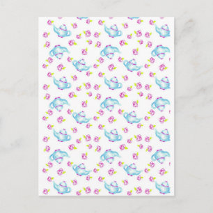 Carte Postale Teapot bleu rose Fleur de rose
