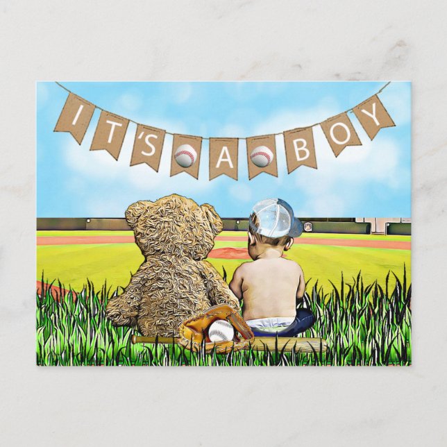 Carte Postale Teddy Bear et Baby Baseball Baby shower de garçon (Devant)