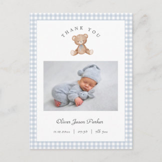 Carte Postale Teddy Bear Gingham Baby Boy Birth Announcement