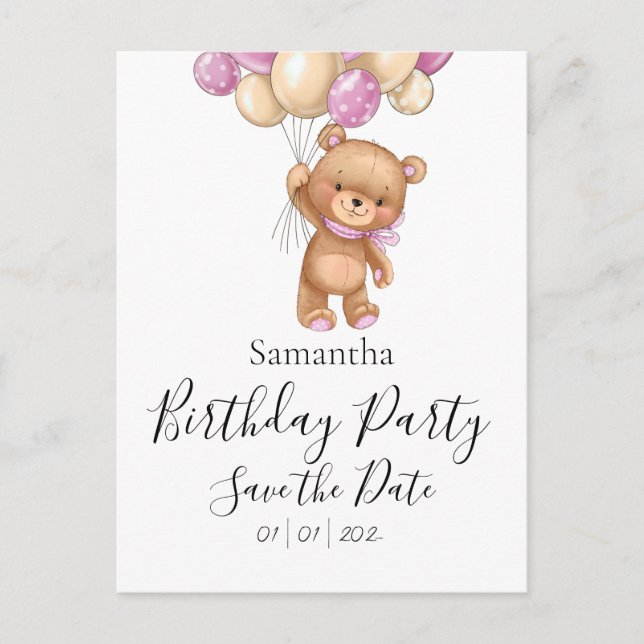 Carte Postale Teddy Bear rose fête d'anniversaire Enregistrer la (Devant)