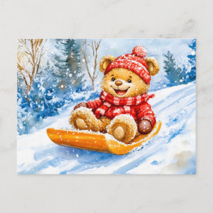 Carte Postale Teddy Bear Sledding Descente en hiver