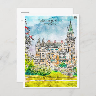 Carte Postale Teleborgs Slott Suède vintage voyage aquarelle