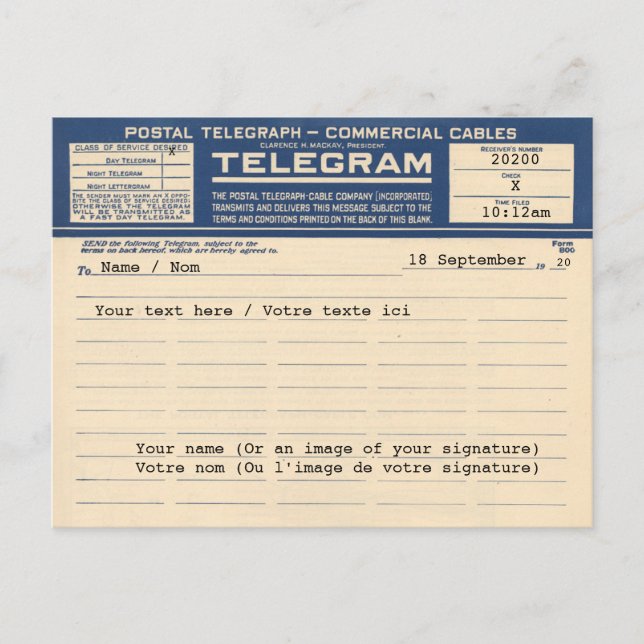 Carte Postale Télégramme postal 1920 (carte postale) (Devant)