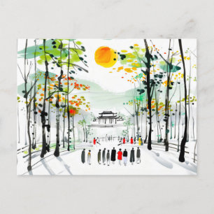Carte Postale Temple chinois entre les arbres au coucher du sole