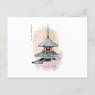 Carte Postale temple japonais et cerise. tranquillité