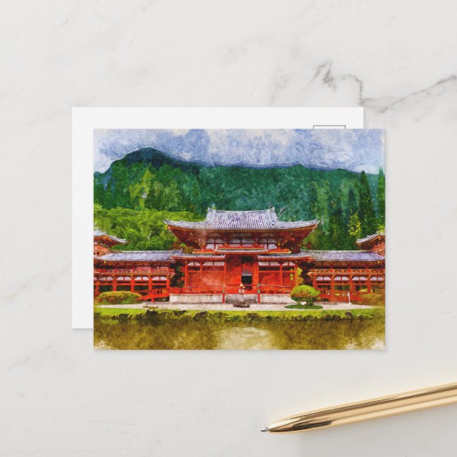 Carte Postale Temple japonais style asiatique aquarelle Art (Devant/Arrière en situation)
