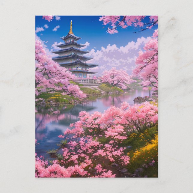 Carte Postale Temple majestueux et fleurs de cerisiers (Devant)