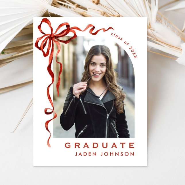Carte Postale Tendance Red Bow Ribbon Fête de graduation PHOTO (Créateur téléchargé)