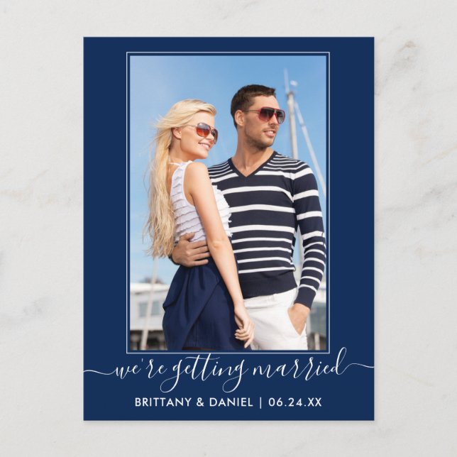 Carte Postale Tendance Se Marier Bleu Marine Sauver La Date (Devant)