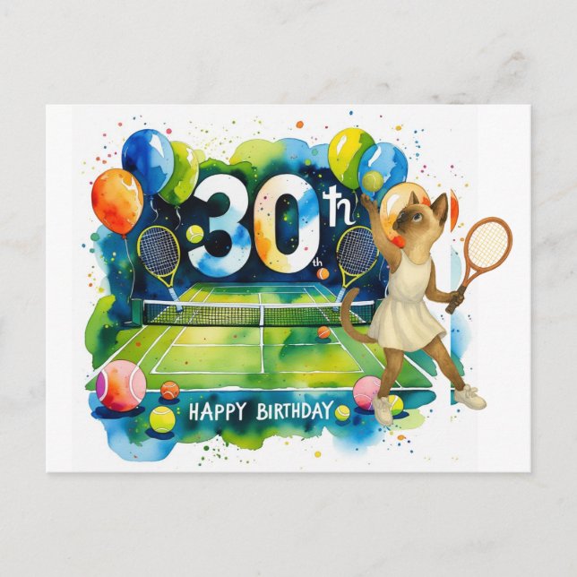 Carte Postale Tennis 30e anniversaire pour les amoureux des chat (Devant)