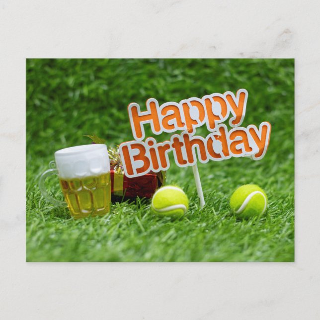 Carte Postale Tennis anniversaire avec balle et cadeaux sur l'he (Devant)