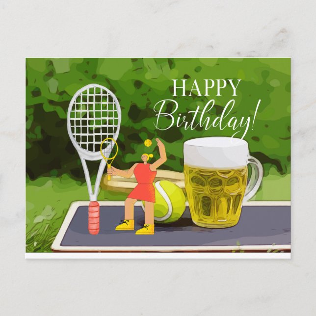 Carte Postale Tennis Anniversaire avec bière et raquette à balle (Devant)