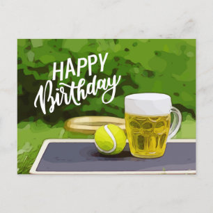 Carte Postale Tennis Anniversaire avec bière et raquette à balle
