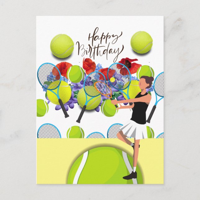 Carte Postale Tennis Anniversaire avec femme joueur et fleur (Devant)