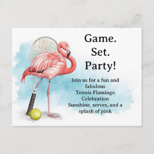 Carte Postale Tennis Flamant rose avec raquette et balle invitat