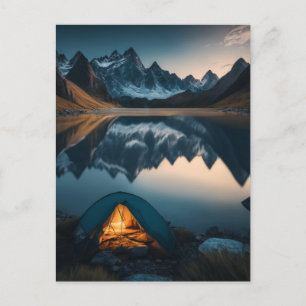 Carte Postale Tente, Montagnes et Lac Camping Art à thème