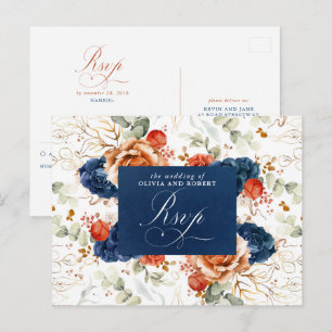 Carte Postale Terracotta Marine Fleurs Bleues Mariage RSVP