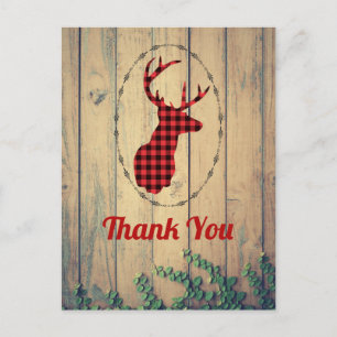 Carte Postale Tête de cerf avec bois plaid rouge rustique merci
